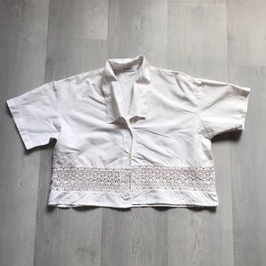 VINTAGE EXPRESS LINEN SHIRT IVORY SHORT SLEEVE BOXY CROP WOMENS SMALL